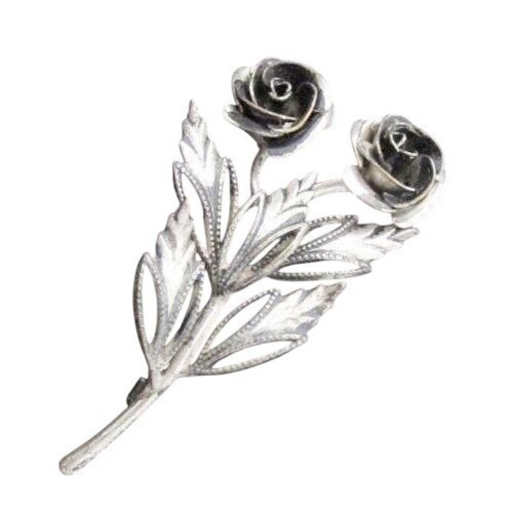 Vintage Pretty Signed Spain Rose Flowers Silver Toned Figural Brooch‎ Pin